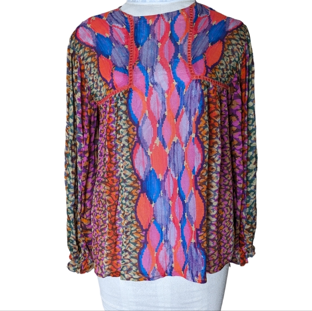 Anthro Multi-Color Printed Peasant Blouse